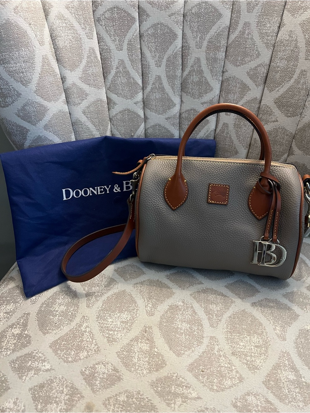 Dooney & Bourke Gray Pebble Leather Satchel with Brown Trim
